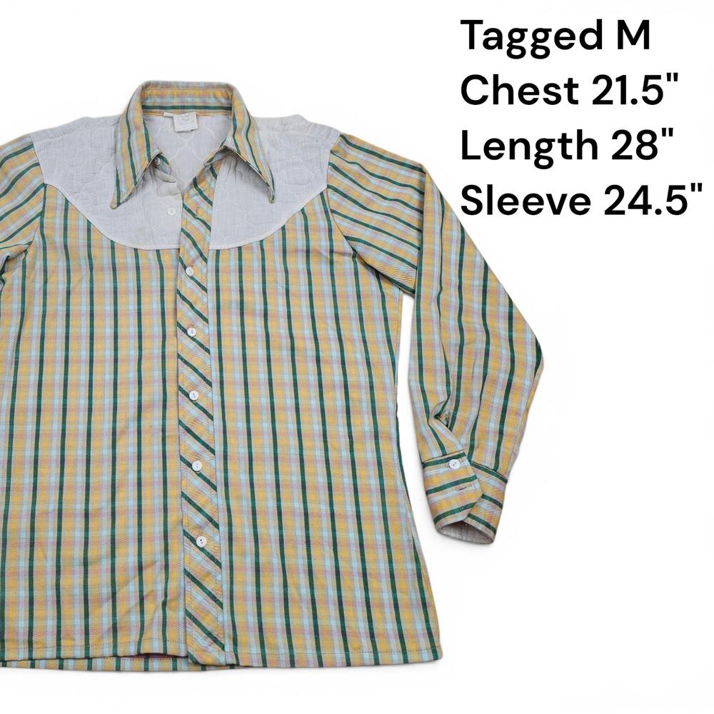 Western Quilt Yoke Plaid Shirt Men’s M VTG 70's Ranch wear Boho Frontier Prairie - Picture 2 of 9